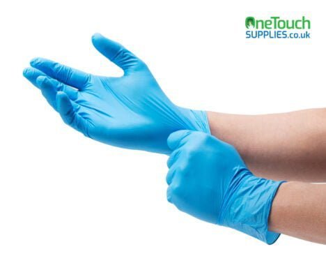 Two hands preparing to wear Disposable Blue Nitrile Gloves - Medical Grade, Latex & Powder-Free for enhanced protection.
