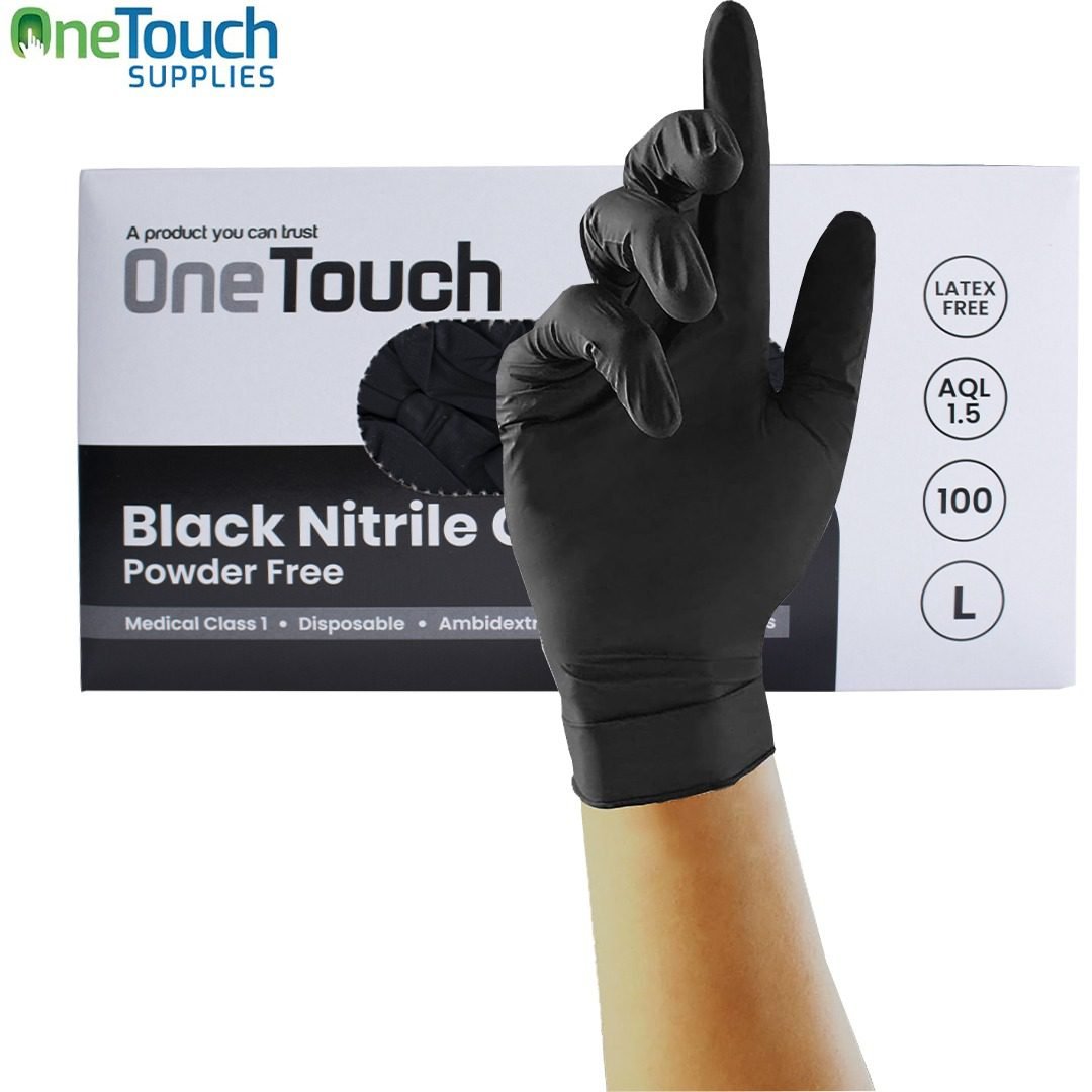 Onetouch black nitrile disposable gloves, powder-free and latex-free gloves for medical, industrial, and general use.