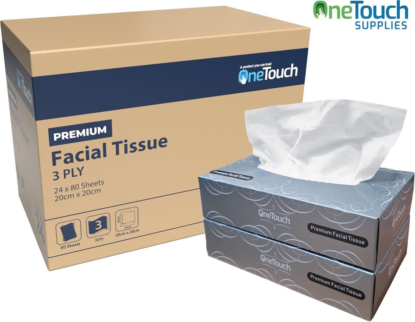 OneTouch Premium 3-Ply Facial Tissue case of 24 boxes, soft white tissues.