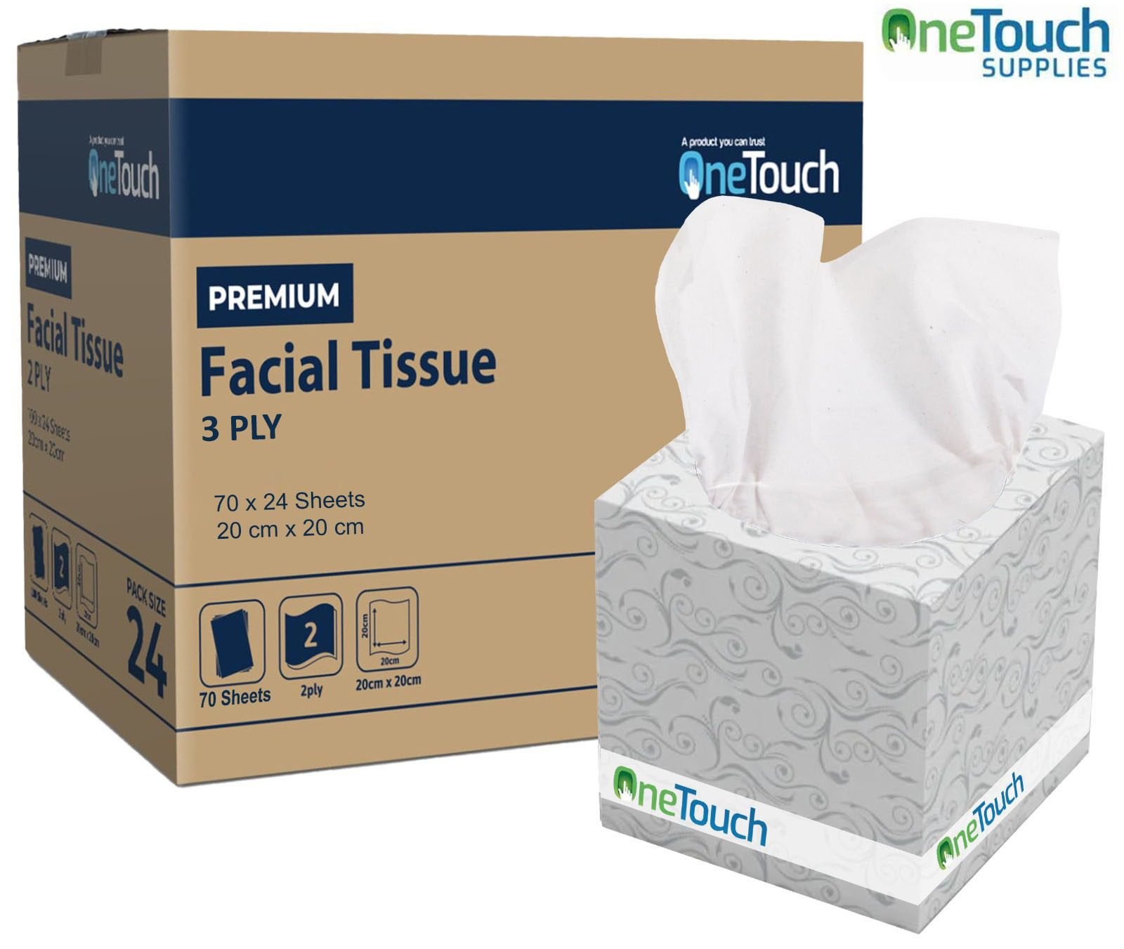 White 3-ply facial tissue box with tissues pulled out, soft and strong, pack of 70