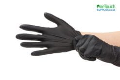 Chef,Hands.,Kitchen,Hygiene.,Woman,Wearing,Black,Latex,Gloves,Isolated