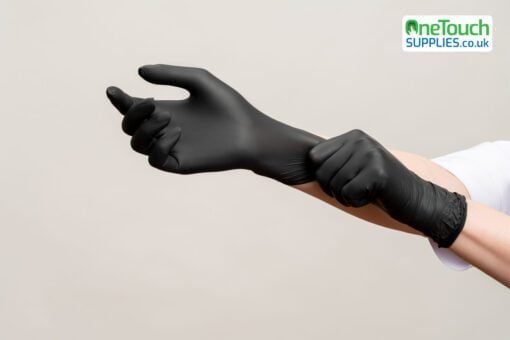 Chef,Hands.,Kitchen,Hygiene.,Woman,Wearing,Black,Latex,Gloves,Isolated