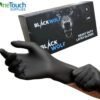 Black Wolf heavy duty black latex gloves box of 100, textured and powder-free for professional automotive and tattoo use.