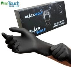 Black Wolf heavy duty black latex gloves box of 100, textured and powder-free for professional automotive and tattoo use.