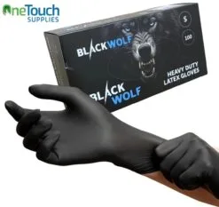 Black Wolf heavy duty black latex gloves box of 100, textured and powder-free for professional automotive and tattoo use.