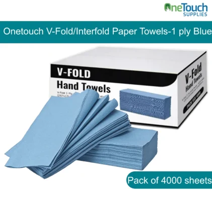 Blue V-Fold paper towels in a dispenser, symbolizing efficiency and cleanliness. The towels are single-ply, neatly folded in a V-shape for easy dispensing. This bulk pack contains 4,000 sheets, ideal for maintaining hygiene in washrooms and workspaces while reducing waste with its single-sheet dispensing feature