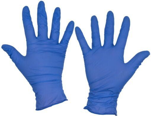 Human rising hands wearing blue disposable latex glove, rubber g