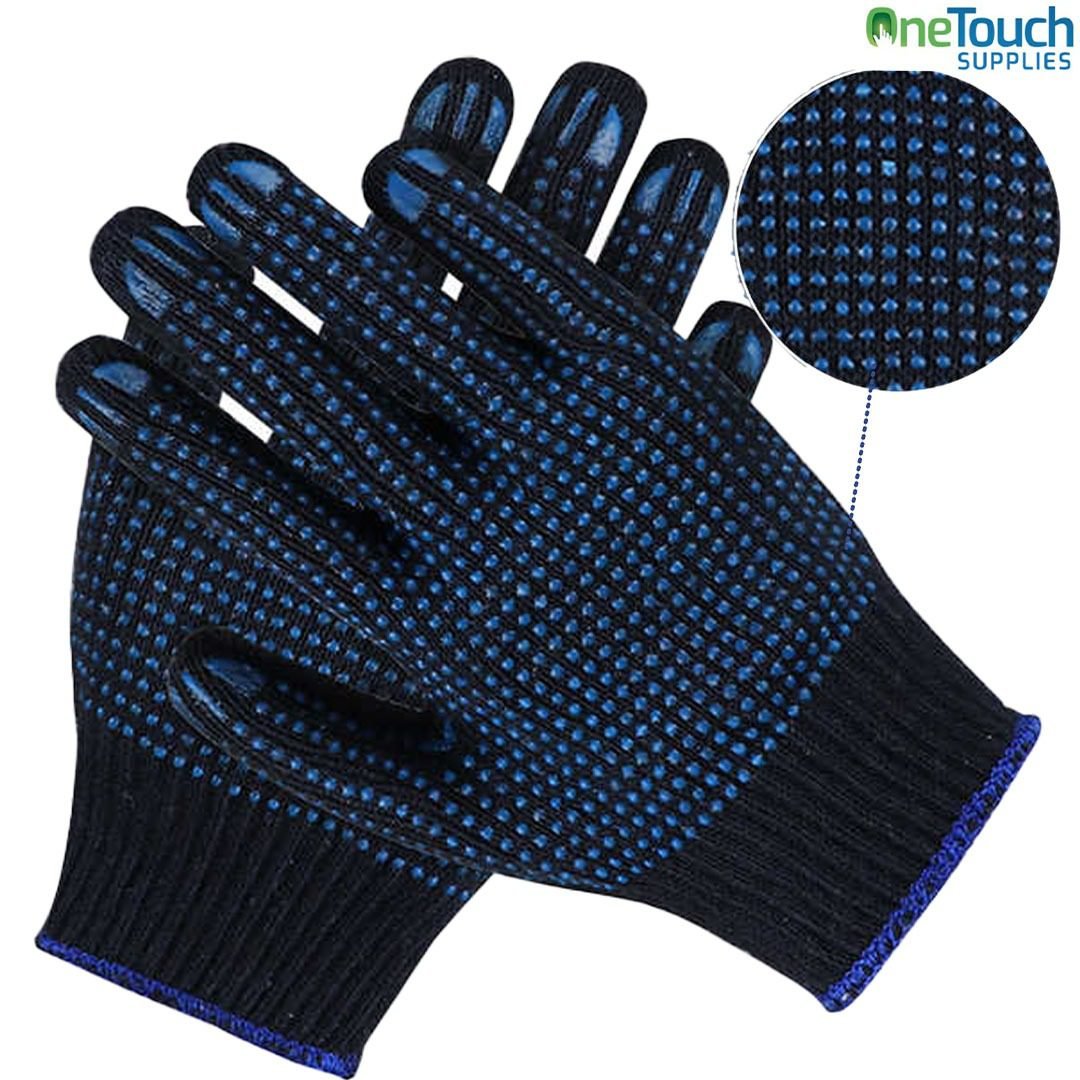 Blue cotton knit work gloves with PVC dots on palm, pack of 12 pairs