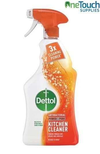 Dettol Power and Pure Antibacterial Kitchen Cleaner 1000ml spray for grease removal.