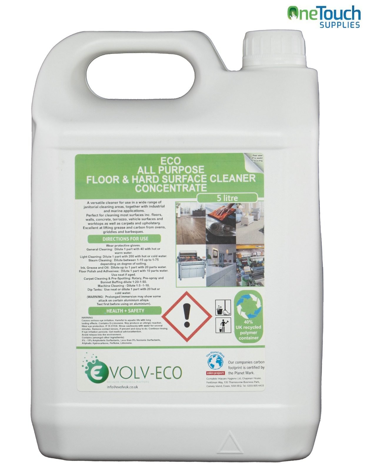 ECO all-purpose floor and hard surface cleaner concentrate in a 5-litre container by Evolv-ECO, eco-friendly cleaning solution for professional and household use.