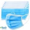 "A box of 50 3-ply blue disposable face masks with elastic ear loops and adjustable nose bridge, perfect for comfortable and effective everyday protection.