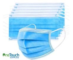 "A box of 50 3-ply blue disposable face masks with elastic ear loops and adjustable nose bridge, perfect for comfortable and effective everyday protection.