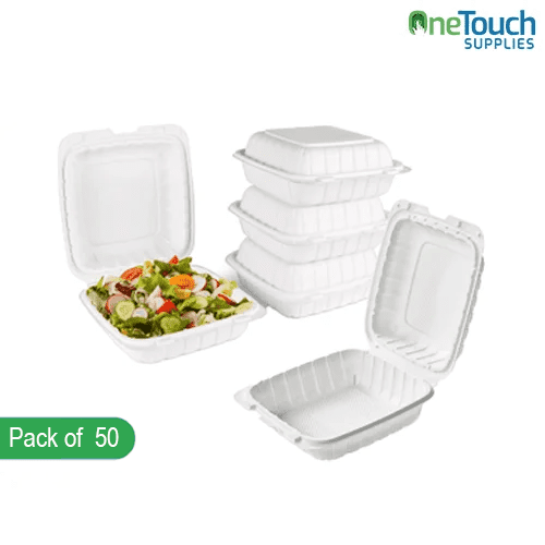 EcoChoice 600ml (7'') Bagasse Clamshell Food Containers – Pack of 50