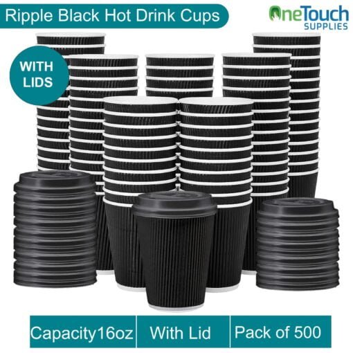 Black Disposable Hot Drink Cups with Lids - 16 oz (Box of 100-500)