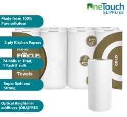 Pack of 24 Focus Ultra-Absorbent Kitchen Towels, featuring hypoallergenic and OBA-free sheets, wrapped in recyclable LDPE packaging.