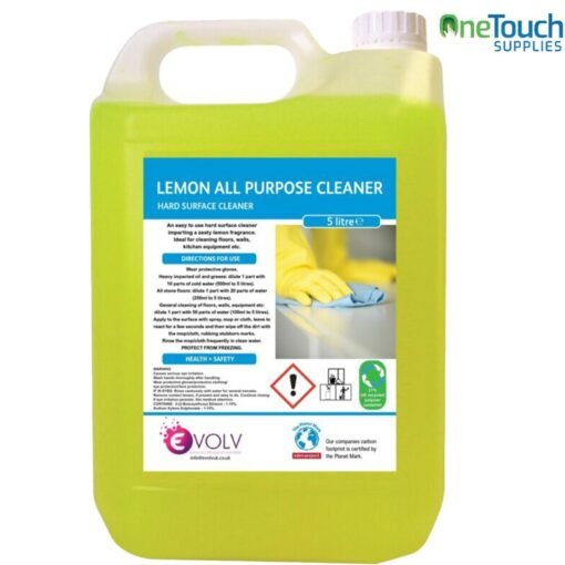 Lemon all-purpose cleaner in a 5-litre bottle, powerful hard surface cleaner for kitchens, floors, and bathrooms.