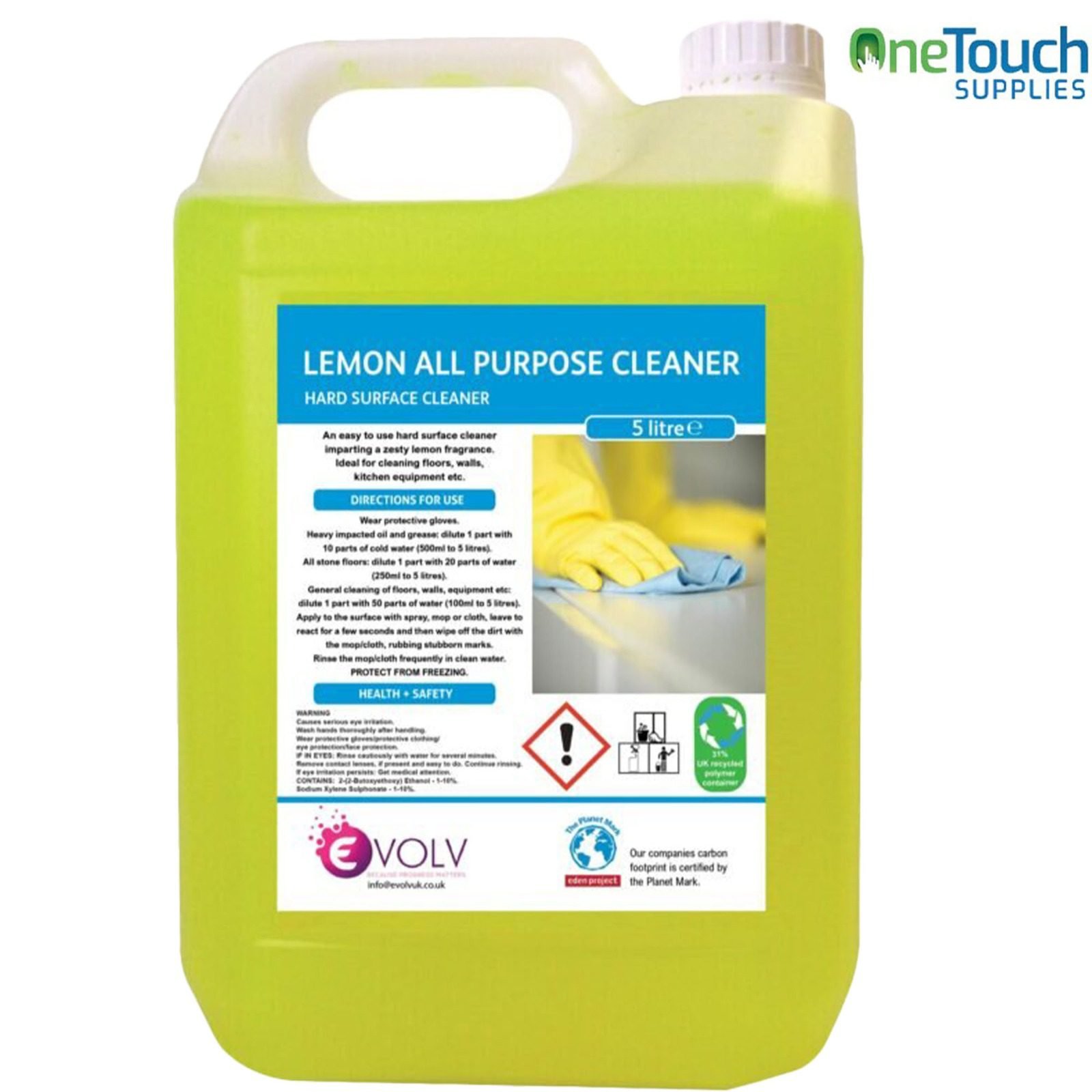 Lemon all-purpose cleaner in a 5-litre bottle, powerful hard surface cleaner for kitchens, floors, and bathrooms.