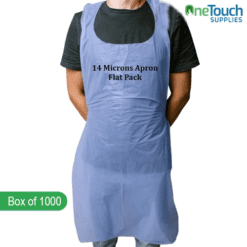 "Disposable 14-micron blue aprons in a flat pack, offering lightweight and hygienic protection for medical and food industries."