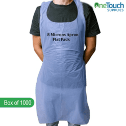 "Disposable 8-micron blue aprons in a flat pack box, providing lightweight protection for medical, food, and industrial use."