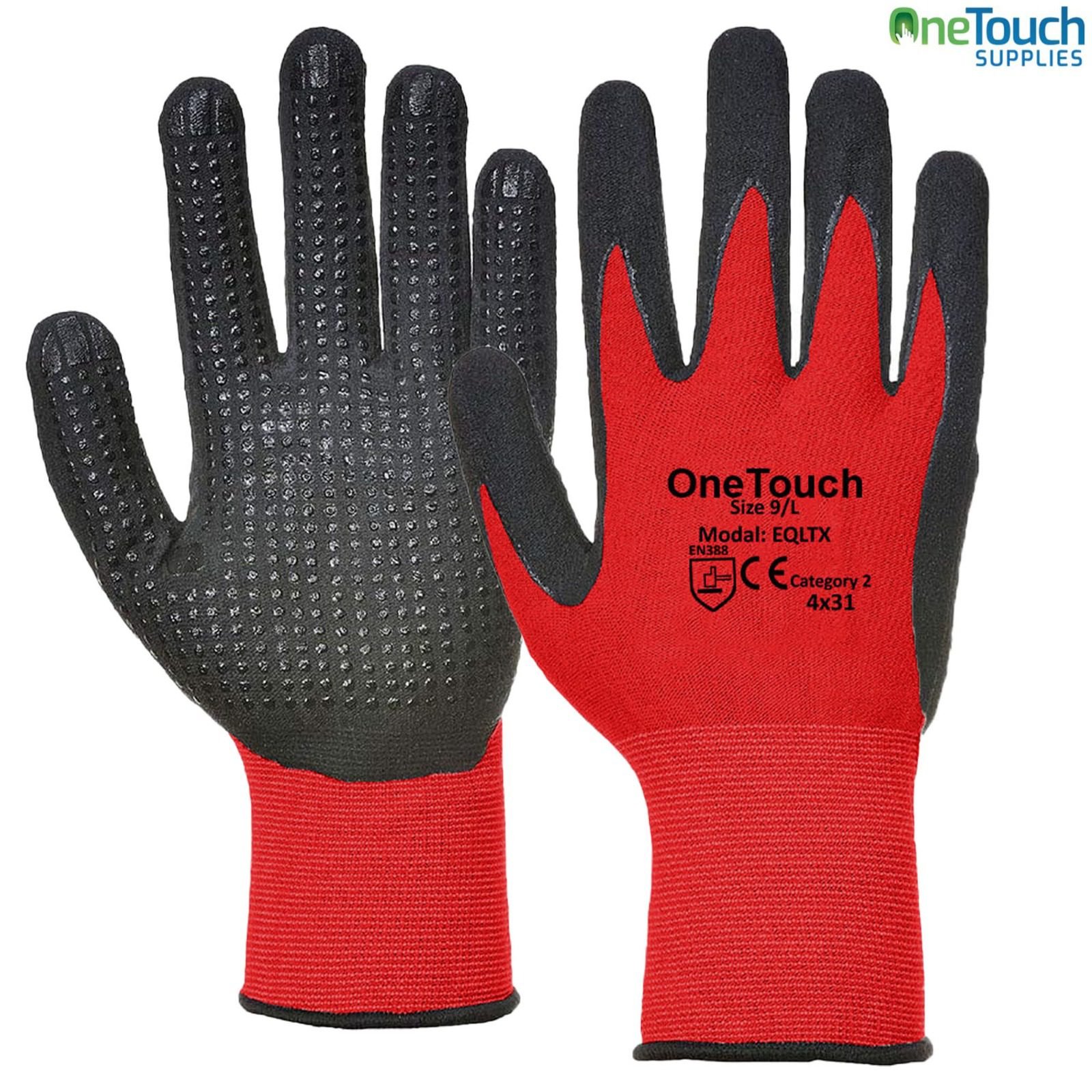 Nitrile coated dotted grip gloves in blue and black color, durable work gloves for strong grip and hand protection – pack of 6 pairs.