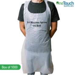 Disposable 14-micron white aprons on a roll, providing lightweight and hygienic protection for medical and food industries."
