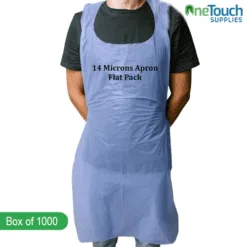 "Disposable 14-micron blue aprons on a roll, packed in a box for hygienic and convenient use in medical and food industries."