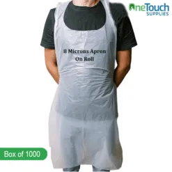 "Disposable 8-micron white aprons in a flat box, offering lightweight protection for medical, food, and industrial use."