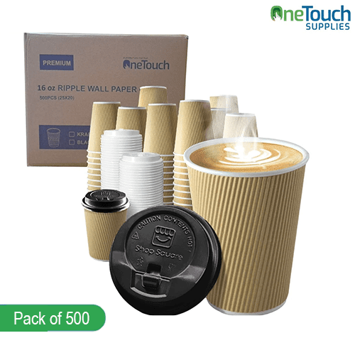 Disposable Hot Drink Cups with black lid for Coffee, Triple Insulated Ripple Cup  (Box of 100-500) -kraft (16 oz)