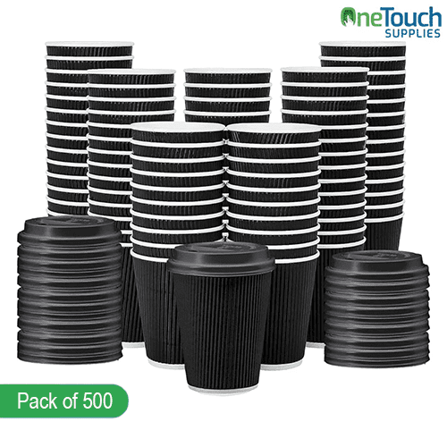 16 oz Black Disposable Coffee Cups with Lids (Box of 100-500)