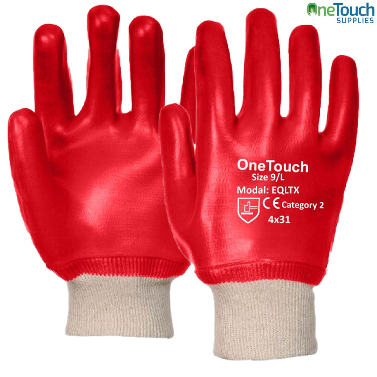Pair of fully coated red PVC work gloves with knit wrist cuff, size large, for industrial use