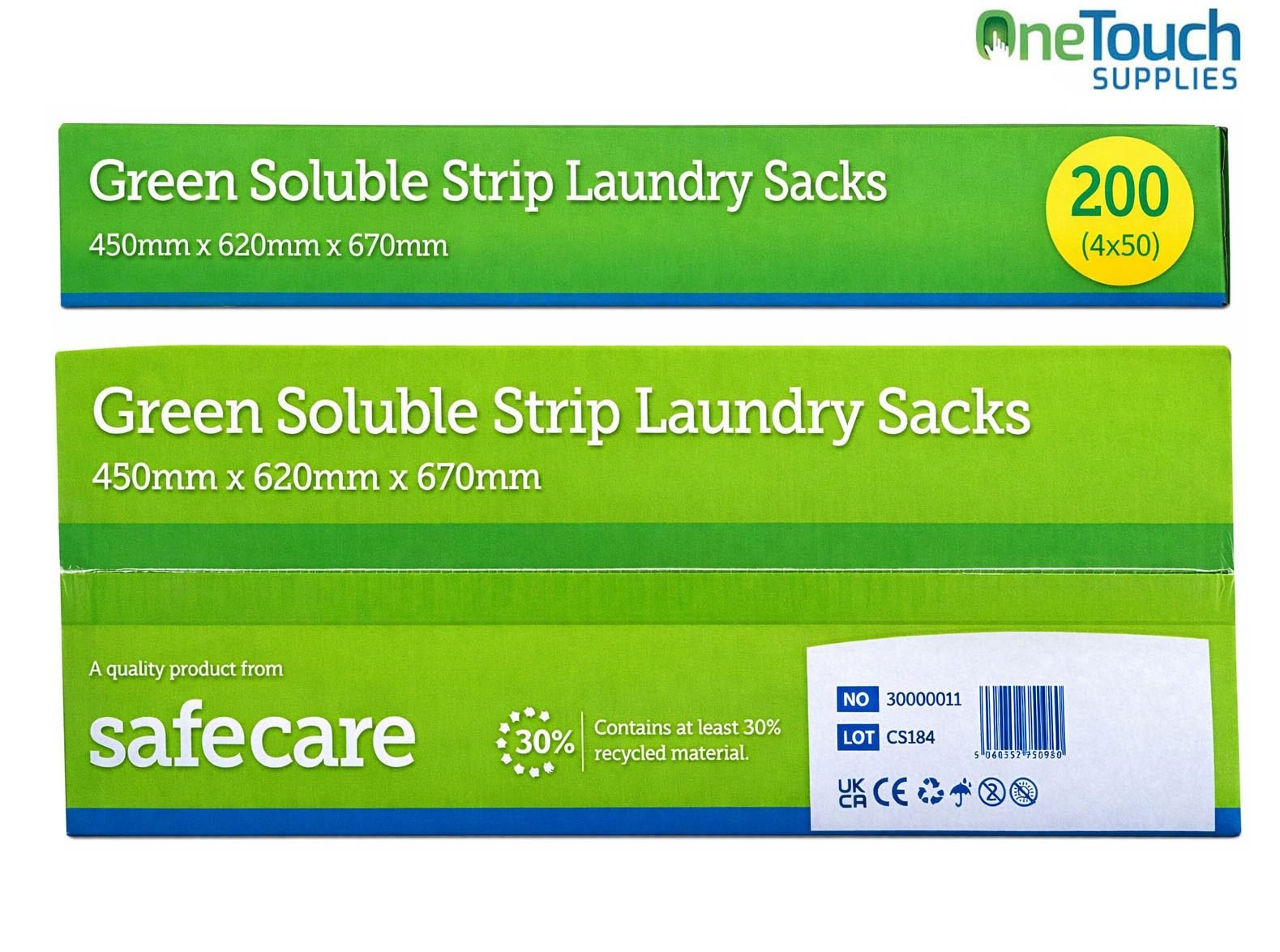 SafeCare green soluble strip laundry sacks for infection control with water-soluble seal for care homes and hospitals.