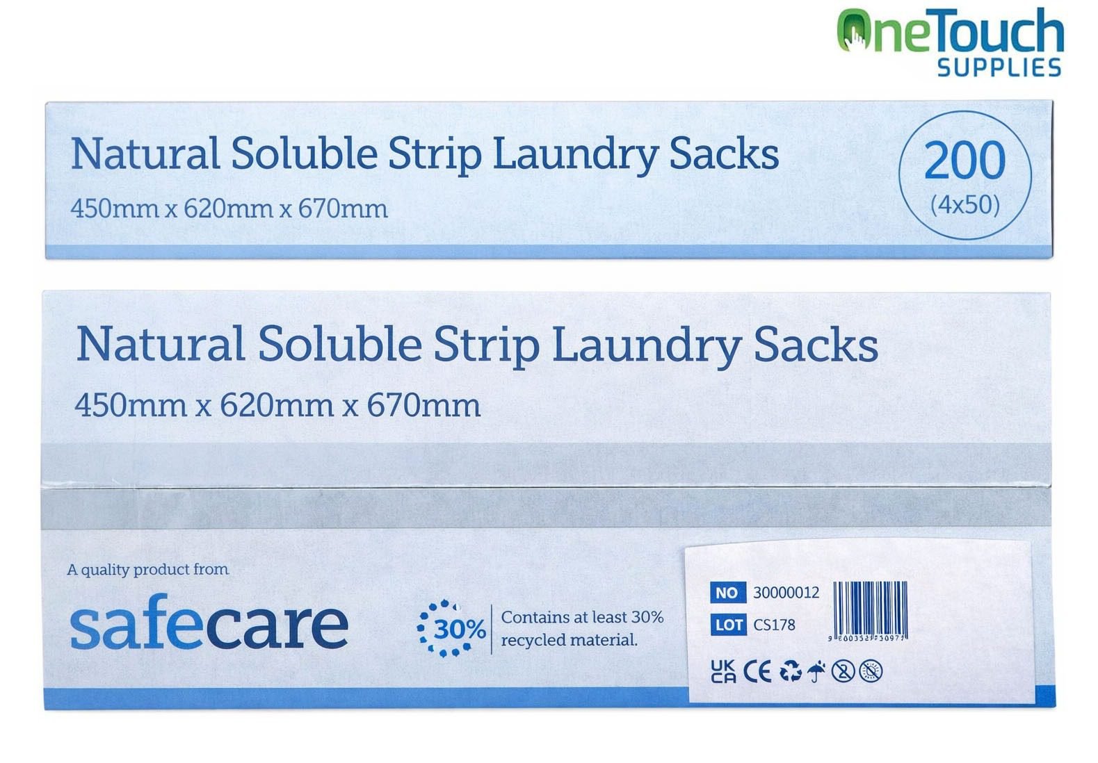 SafeCare natural soluble strip laundry sacks for infection control in care homes and hospitals.