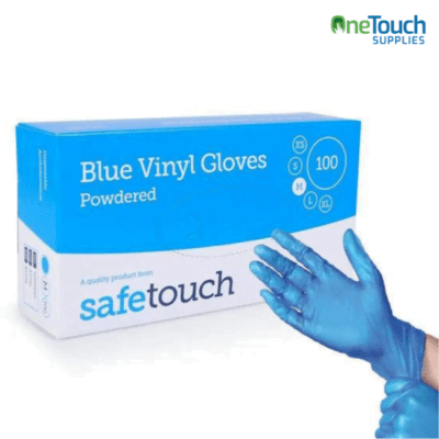An illustrative image of a box of Safetouch Blue Vinyl Gloves, showcasing the product packaging. The box prominently displays the brand name 'Safetouch' and the product name 'Blue Vinyl Gloves.' The box features a clear visual of the blue gloves inside, providing a preview of the product's appearance. This image captures the essence of Safetouch Blue Vinyl Gloves, a reliable solution for versatile hand protection.