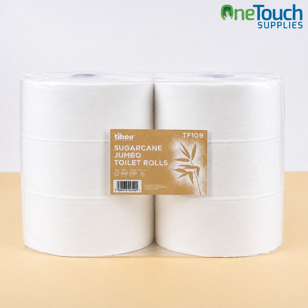 TF109 Sugarcane Jumbo Toilet Rolls 2 Ply 300m pack of 6 eco-friendly white toilet tissue rolls