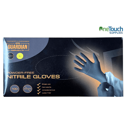 Guardian Nitrile Gloves Powder Free Black Box of 100 disposable chemical-resistant gloves