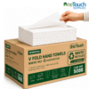 OneTouch Essential V-Fold Hand Towels box and stack, 1-Ply White Recycled paper towels, 5088 sheets per case, eco-friendly hand drying solution.
