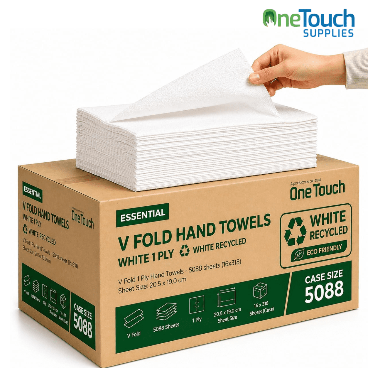 OneTouch Essential V-Fold Hand Towels box and stack, 1-Ply White Recycled paper towels, 5088 sheets per case, eco-friendly hand drying solution.