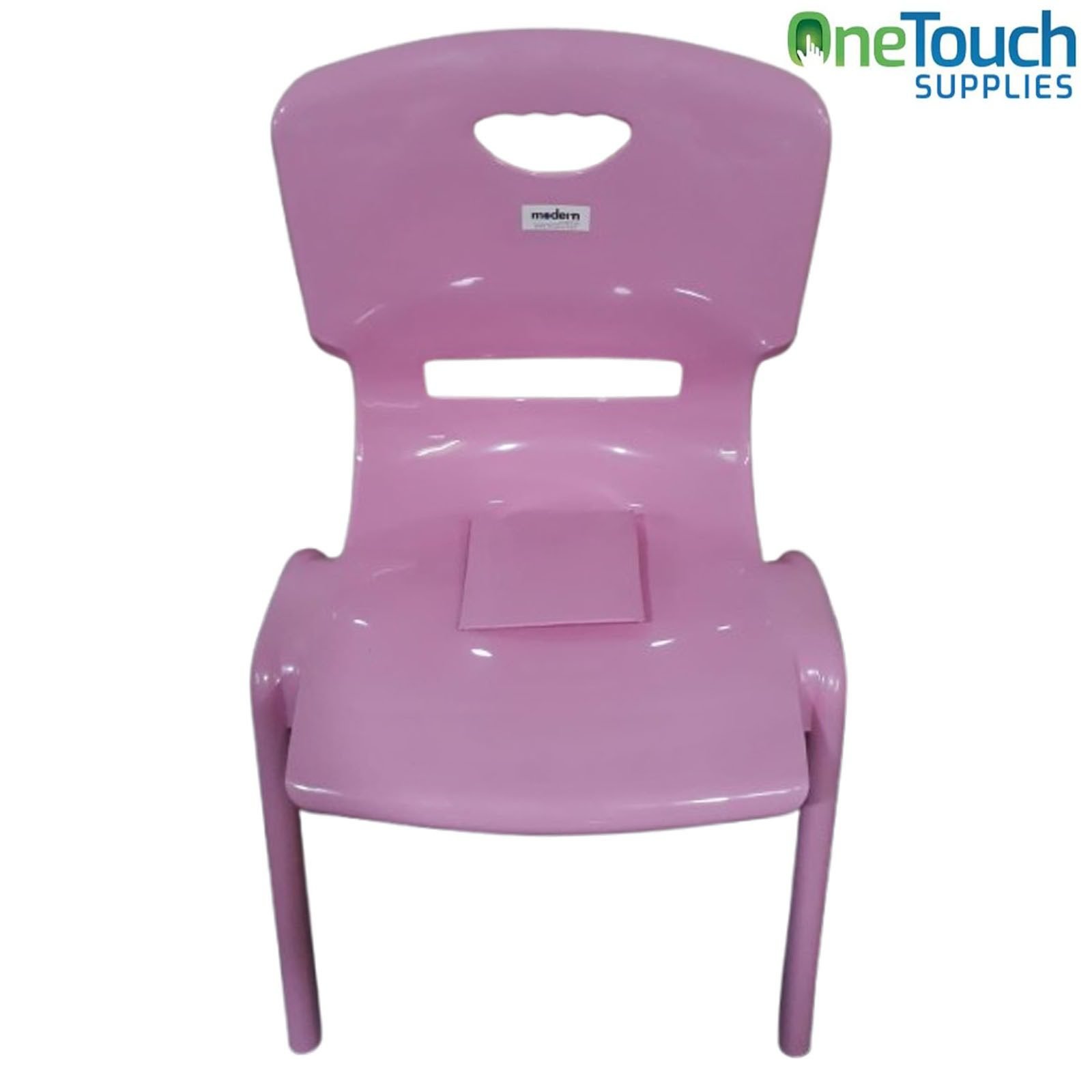 Children's pink plastic stacking chair with non-marking feet for schools and nurseries.