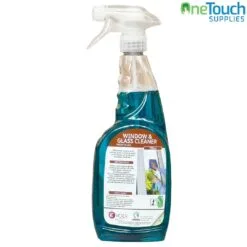 750ml blue trigger spray bottle of Evolv Window & Glass Cleaner for glass and mirrors, ready to use.