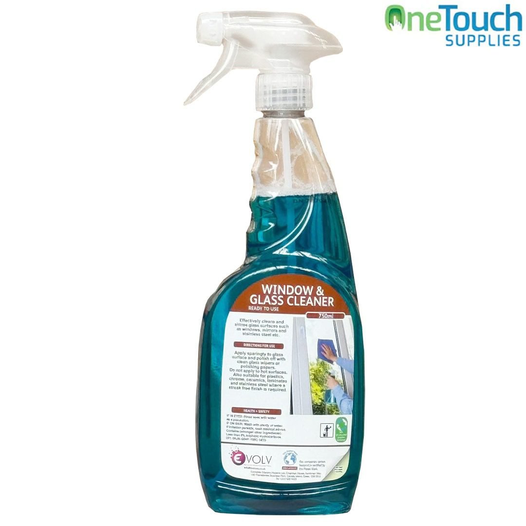 750ml blue trigger spray bottle of Evolv Window & Glass Cleaner for glass and mirrors, ready to use.