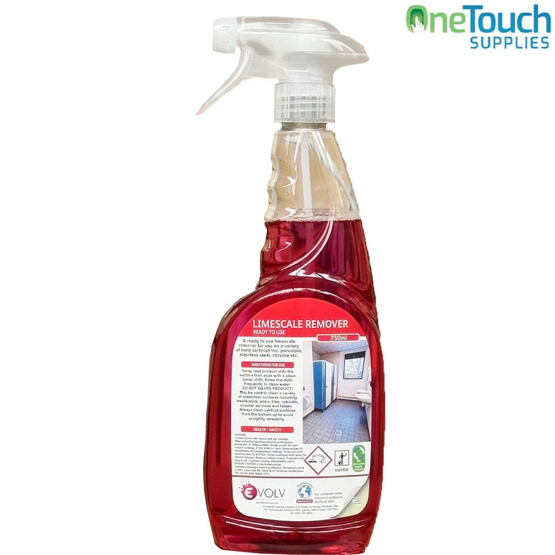 750 ml red trigger spray bottle of Evolv Limescale Remover for bathroom and kitchen surfaces, ready to use.