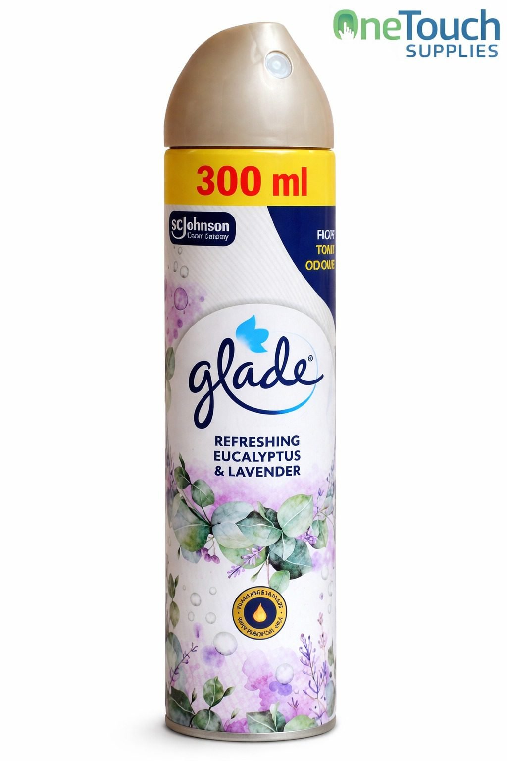 Glade eucalyptus and lavender aerosol air freshener 300ml for eliminating odours in homes and commercial spaces.