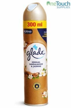 Glade sandalwood and jasmine aerosol air freshener 300ml for eliminating odours in homes and commercial spaces.