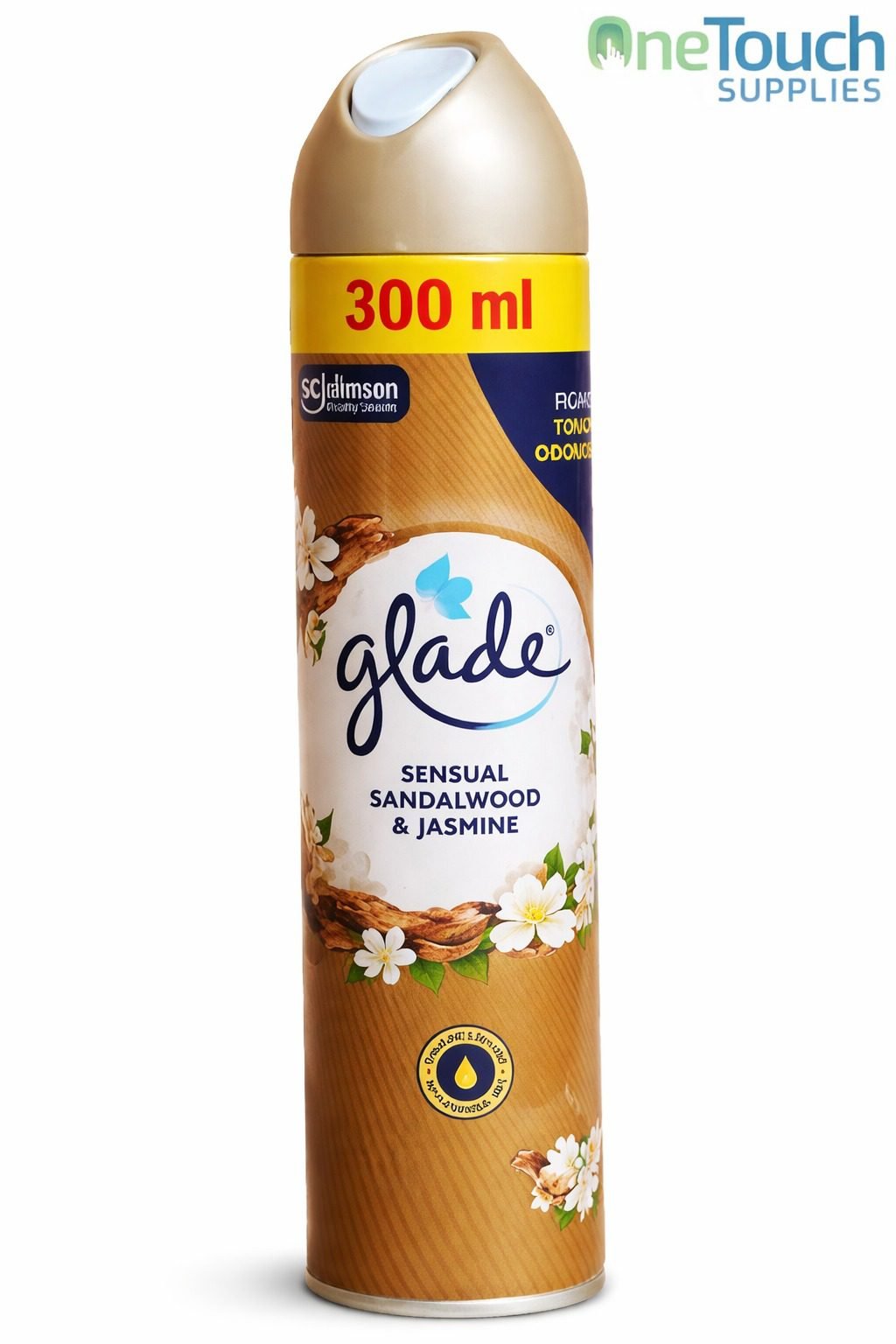Glade sandalwood and jasmine aerosol air freshener 300ml for eliminating odours in homes and commercial spaces.