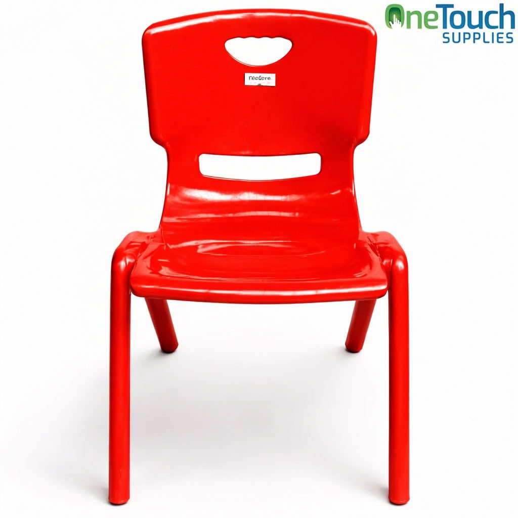 Red stacking plastic chair for children aged 2–6 with ergonomic backrest and safety legs.