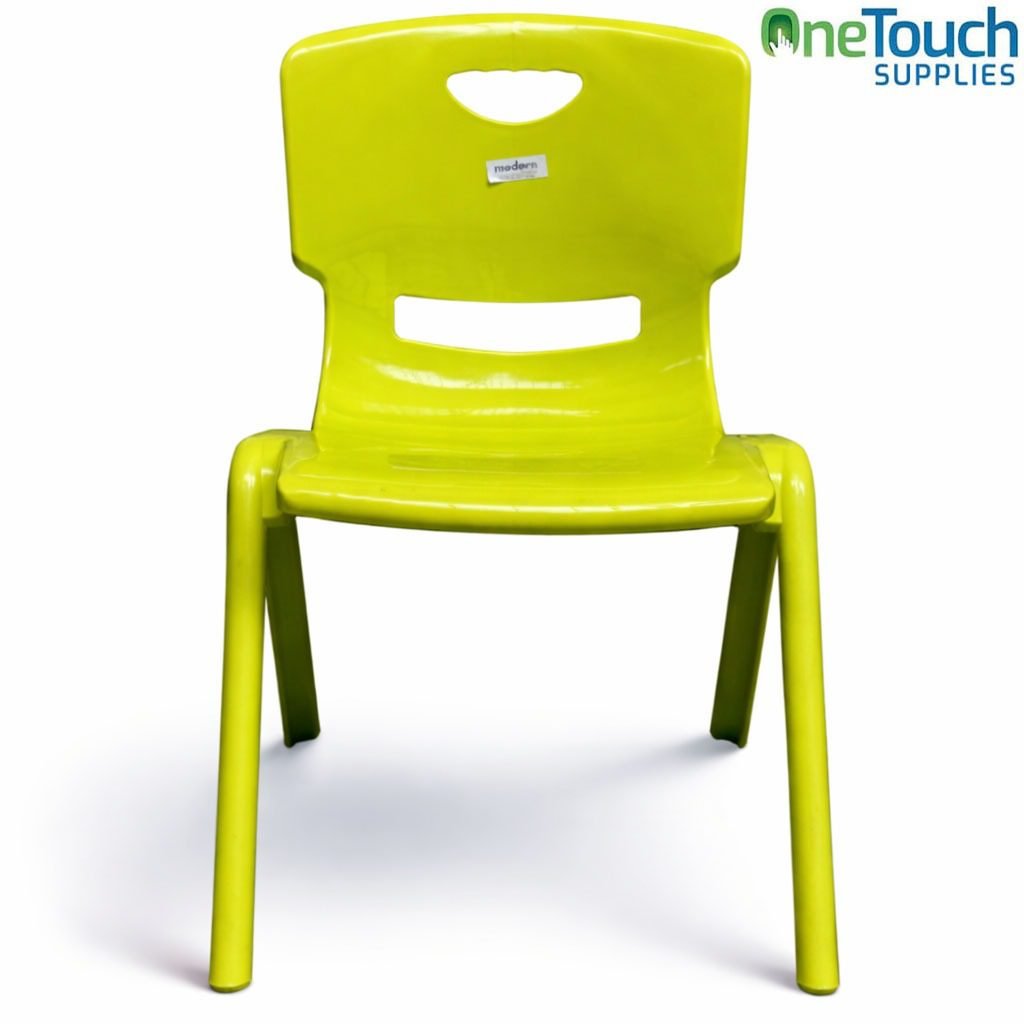 Lime stacking plastic chair for children aged 2–6 with ergonomic design and safety legs.