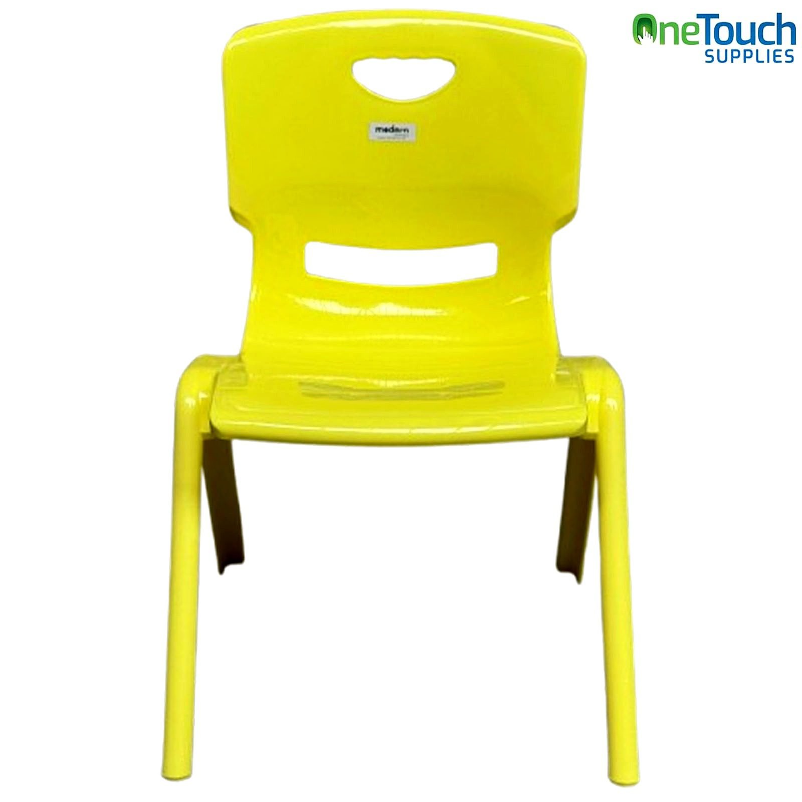 Yellow stacking plastic chair for children aged 2–6 with ergonomic design and safe legs.