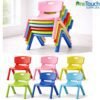 Children’s stacking plastic chair set in six colours blue turquoise red yellow lime and pink.