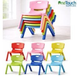 Children’s stacking plastic chair set in six colours blue turquoise red yellow lime and pink.
