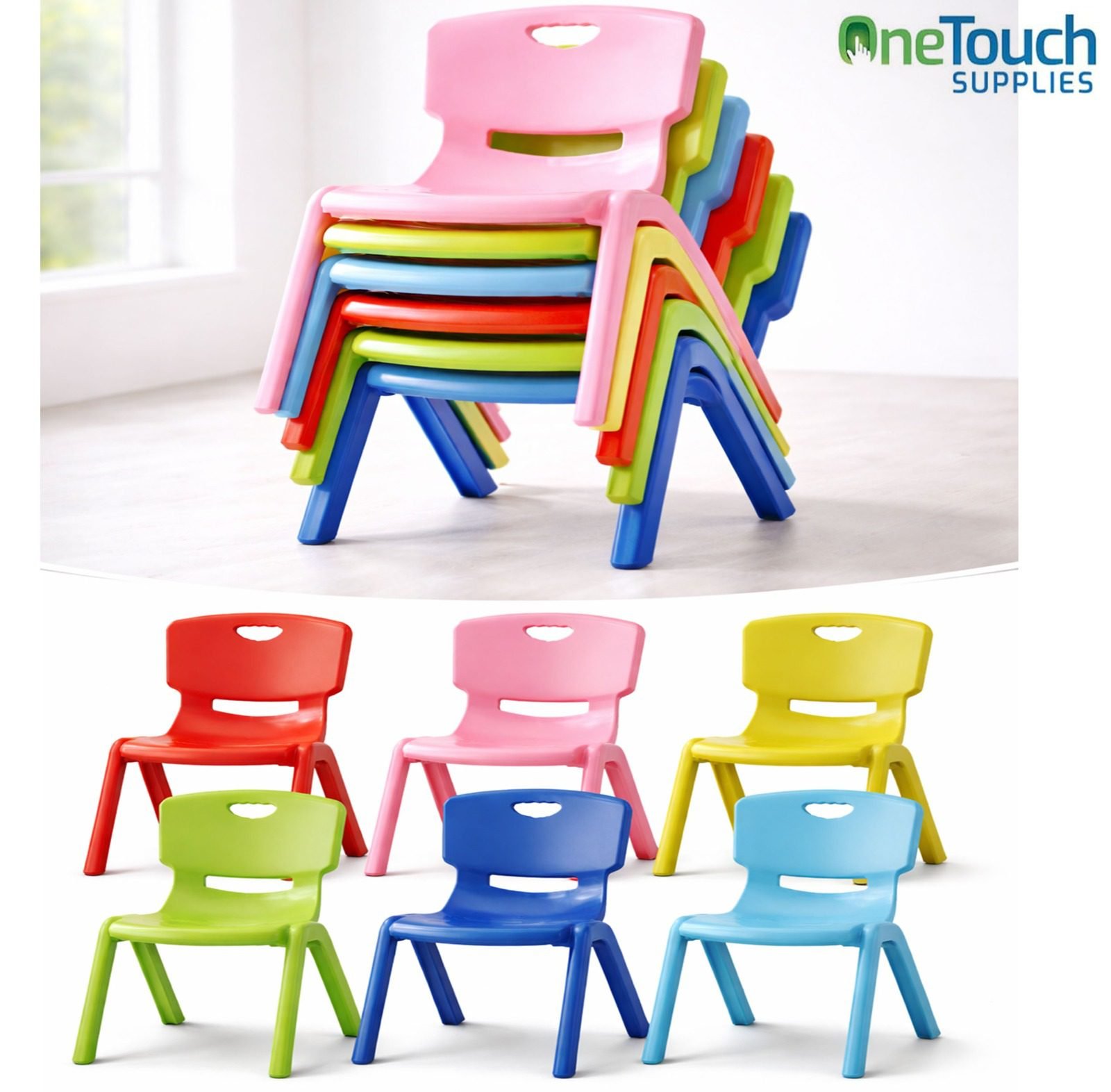 Children’s stacking plastic chair set in six colours blue turquoise red yellow lime and pink.